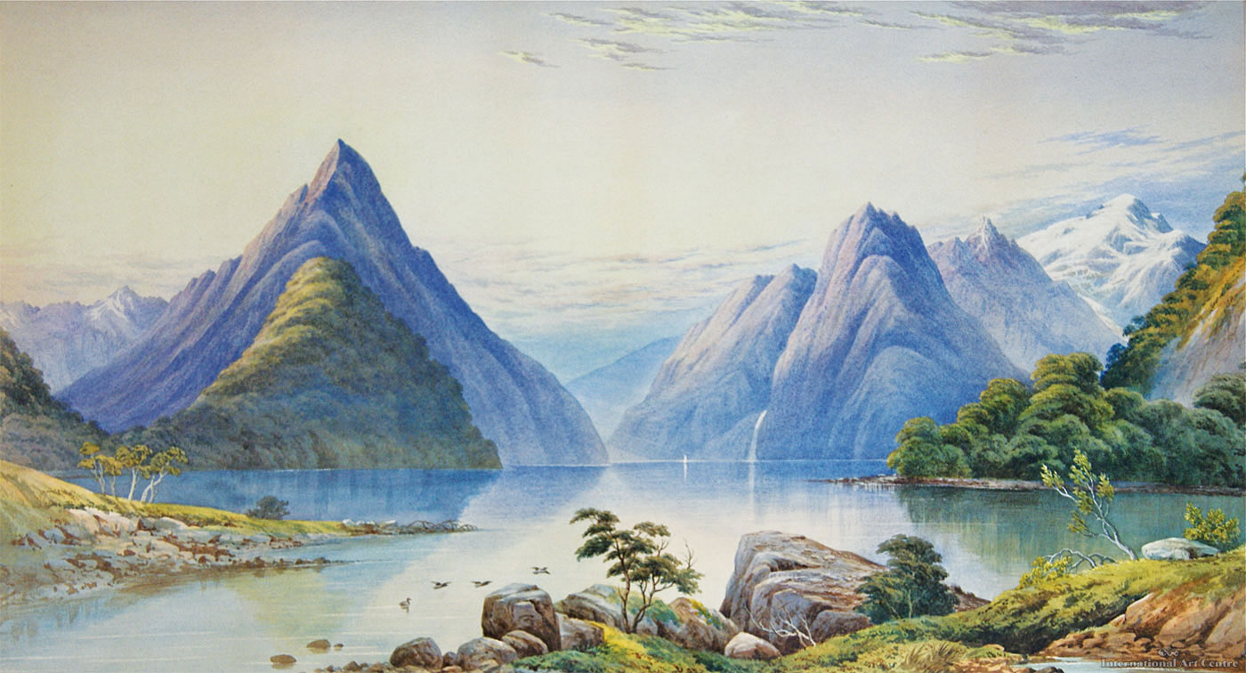 a large waterfall over a body of water with Milford Sound in the background
