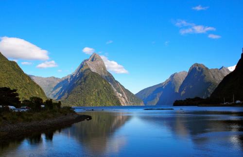 Milford Sound with a mountain in the background